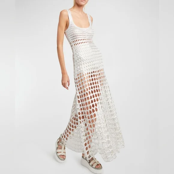 HANDCRAFTED Crochet Macrame Knit Dress Festival Midaxi Swim Cover Cream Tan S 4 - Picture 6 of 11